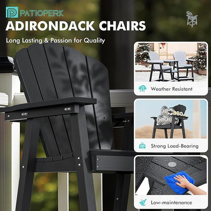Tall Adirondack Chair Set of 2 with Double Connecting Tray, Recycled HDPE with Wood Grain, Weather Resistant, Outdoor Adirondack Chairs for Deck, Balcony, Patio, Backyard, Black