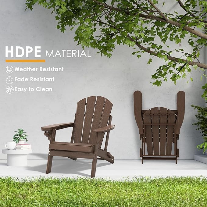 IVY&LANE Folding-Adirondack-Chair-Set-of-4 | HDPE Plastic | Dark Brown | Outdoor Fire Pit Chair with Cup Holder | Poly | Weather Resistant | for Patio Deck Poolside Garden Beach