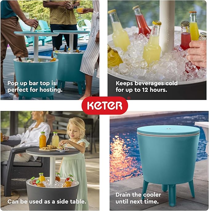 Keter Modern Cool Bar Outdoor Patio Furniture and Hot Tub Side Table with 7.5 Gallon Beer and Wine Cooler, Teal - Photo 7