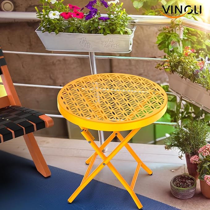 VINGLI Patio Folding Side Table, Small Outdoor Table with Everlasting Floral Pattern and Sturdy X-Shaped Metal Frame Ideal for Indoor & Outdoor Balcony, Porch, Backyard, Deck, Yellow, 1 Pack