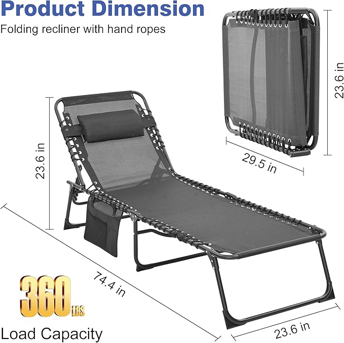 Folding Chaise Lounge Chair, Patio Teslin Tanning Chair, Outdoor Chaise Lounger with 5-Position Reclining Back, Breathable Mesh Seat for Beach, Poolside, Patio Sunbathing