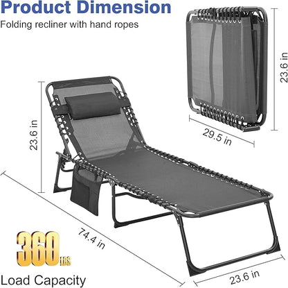 Folding Chaise Lounge Chair, Patio Teslin Tanning Chair, Outdoor Chaise Lounger with 5-Position Reclining Back, Breathable Mesh Seat for Beach, Poolside, Patio Sunbathing