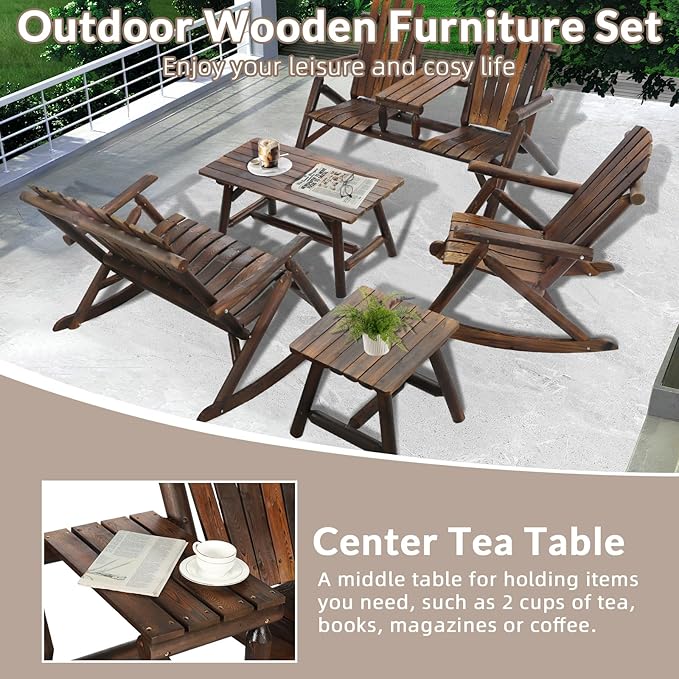 5-Piece Outdoor Wood Log Rocking Conversation Set, Patio Adirondack Furniture Set Including 2-Seater Loveseat, Garden Bench & Built-in Table, 2 Coffee Table, Log Rocker Chair, Carbonized