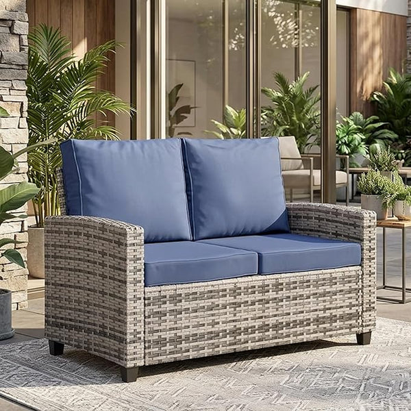 Outdoor Patio Loveseat, All-Weather Outdoor Wicker Sofa with Comfy Cushions, Patio Furniture Set 2 Person Couch - Photo 1