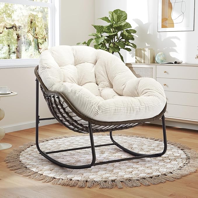 Large Indoor Rocking Chair, Oversized Rocking Papasan Chair with Thick Cushion and Frame,Comfy Corduroy Rocker Wicker Egg Chairs Lounge Reading Chair for Living Room, Bedroom, Apartment, White