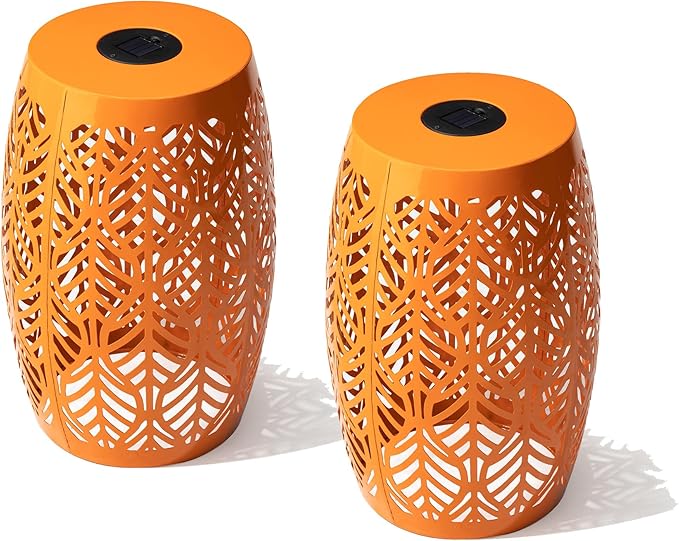 Glitzhome Set of 2 Outdoor Side Table with Leaf Pattern Solar Powered Light, 18.25" H Iron Cutout Drum Garden Stool Solar Decorative Lanterns, Metal End Table Plant Stand for Indoor Outdoor, Orange