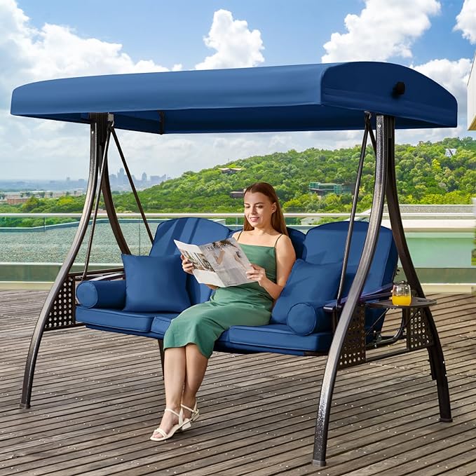 3 in 1 Outdoor Porch Swing with Adjustable Canopy, 3 Seat Outdoor Swing for Adults - Photo 1