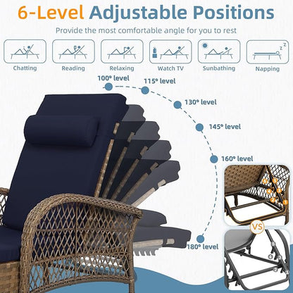 3 Piece Patio Chaise Lounge Set, Outdoor Patio Furniture Modern Lounge Chairs Set of 2 with Side Table & 6-Position Adjustable Backrest, Durable PE Wicker, Weather Resistant Cushions, Navy Blue