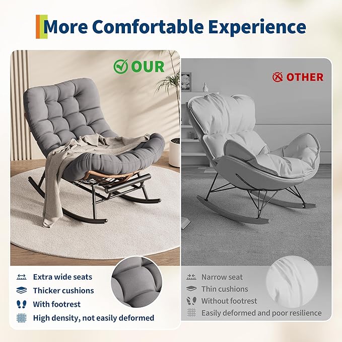 Outdoor Rocking Chair with Footrest, Oversized Patio Papasan Chairs with Cushion - Photo 7