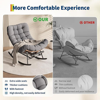 Outdoor Rocking Chair with Footrest, Oversized Patio Papasan Chairs with Cushion, Modern Lounge Rocker Chair for Indoor Living Room Garden Porch Balcony, Grey