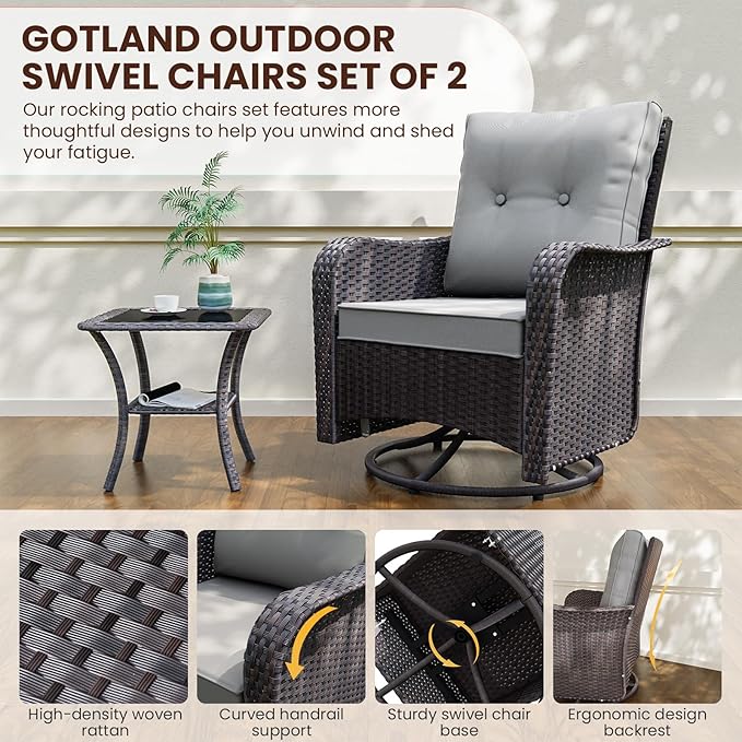 Gotland Outdoor Swivel Chairs Set of 2, 3 Pieces Patio Furniture Set with Thick Cushion, Wicker Rocking Patio Chairs Set of 2, Patio Bistro Set with Double-Layer Coffee Table for Balcony Porch Gray