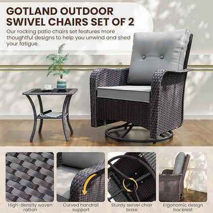 Gotland Outdoor Swivel Chairs Set of 2, 3 Pieces Patio Furniture Set with Thick Cushion, Wicker Rocking Patio Chairs Set of 2, Patio Bistro Set with Double-Layer Coffee Table for Balcony Porch Gray