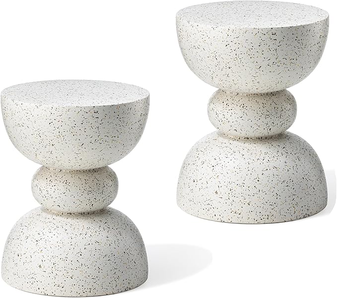 Glitzhome Outdoor Side Tables Set of 2, Heavy Duty Patio Sturdy Faux Terrazzo Decorative Garden Stool Planter Stand for Indoor Covered Outdoor, 17.25" H, Faux White