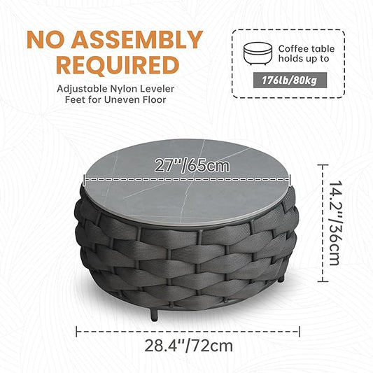 Round Patio Accent Table: φ25.6''/65cm Aluminum Coffee Tables - Hand Woven Rope Side Table Assembled - Metal Modern Outdoor Furniture for 176lbs Deck Porch Garden Pool Balcony Hotel, Dark Gray