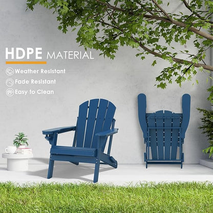 IVY&LANE Folding-Adirondack-Chairs-Set-of-4 | HDPE Plastic | Outdoor Fire Pit Chair with Cup Holder | Blue | Poly | Weather Resistant | for Patio Deck Poolside Garden Beach