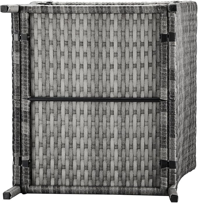 Outdoor Patio Wicker Side Table, Square PE Rattan End Table Bistro Coffee Table with Glass Top Storage Shelf for Porch Garden Backyard Grey