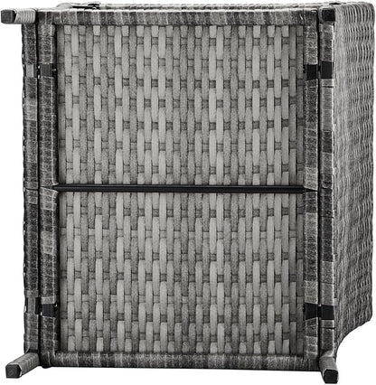Outdoor Patio Wicker Side Table, Square PE Rattan End Table Bistro Coffee Table with Glass Top Storage Shelf for Porch Garden Backyard Grey