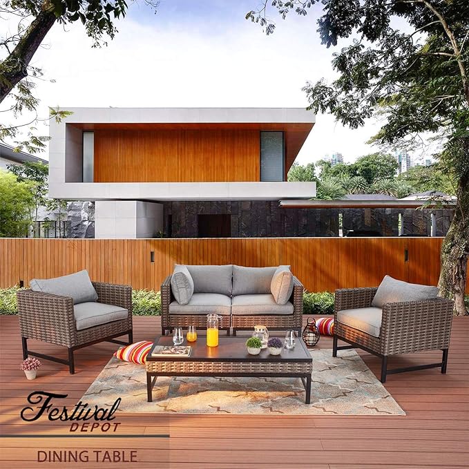 Festival Depot Patio Table Rattan Woven Wicker Coffee Table with Aluminum Tabletop All Weather Outdoor Furniture for Backyard Porch Garden (H Shaped Leg),Brown