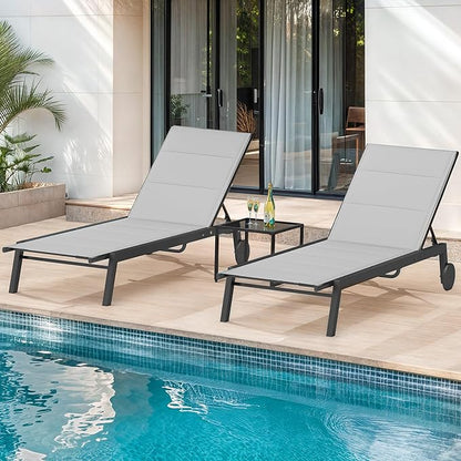 DWVO Outdoor Chaise Lounge Set, 2 Patio Chaise Lounge Chairs with Side Table, Padded Textile Pool Loungers with 5-Level Backrest and Wheels for Beach, Lawn, Porch, Garden (Grey)