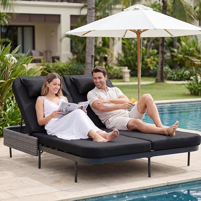 NICESOUL Double Chaise Lounge Outdoor, 51.2" Wide 2-Person Daybed with Independent Recline - Photo 3