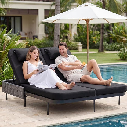 NICESOUL Double Chaise Lounge Outdoor, 51.2" Wide 2-Person Daybed with Independent Recline, Loveseat with 4" Thick Cushions, Heavy Duty All-Weather Wicker Sunbed for Patio Poolside Garden
