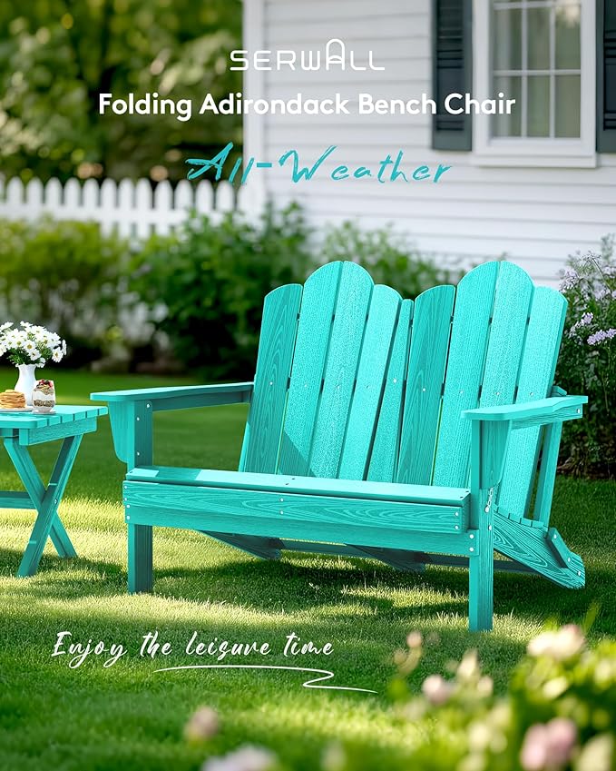 SERWALL Folding Adirondack Bench, HDPE All-Weather Adirondack Loveseat, 660 lbs Capacity - Photo 2
