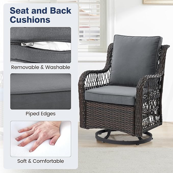 GAOMON 3 Piece Outdoor Patio Set, Wicker Rocking Bistro Set with 2 Swivel Chairs & Tempered Glass Top Table - Photo 5