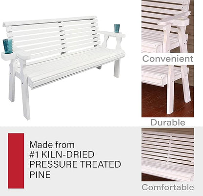 Amish Casual Heavy Duty Pressure Treated 5 Foot Outdoor Garden Bench with Cup Holders - Amish Crafted Roll Back Design in White Stain, 700 Lb Weight Capacity