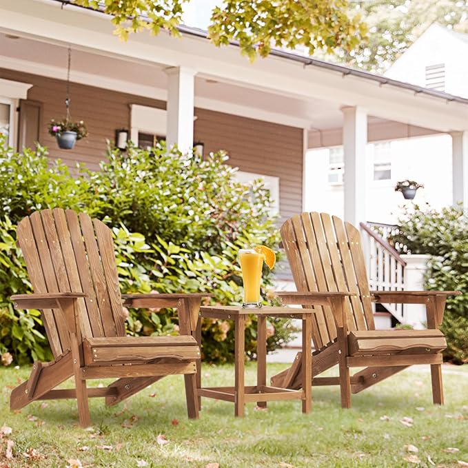 Folding Adirondack Chair Set of 2, Weather Resistant Folding Patio Lawn Chair for Outside Deck Garden Backyardf Balcony, Weather Wood, Wooden Fire Pit Chair, Brown