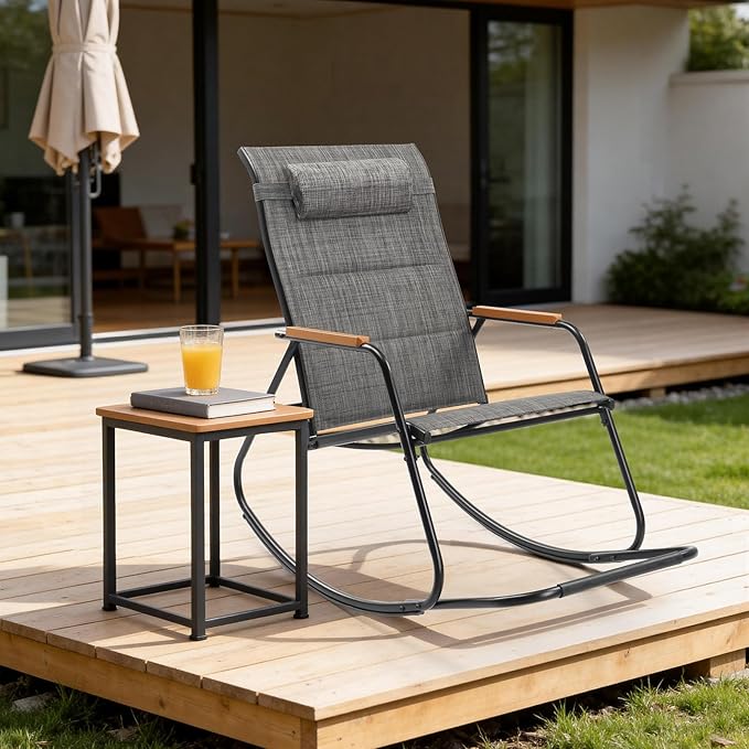 VINGLI Outdoor Rocking Chair, 450lbs Capacity Portable Outdoor Rocker with Footrest, Hard Armrests, Pillow, All Weather Porch Rocker for Garden, Living Room, Patio, Lawn (Black&Gray, with footrest)