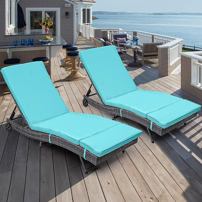 YITAHOME Rattan Lounge Chair Set of 2, Wicker Outdoor Chaise Lounge w/Wheels, Removable Cushion, 5-Position Backrest, Easy to Assemble Sun Lounger for Poolside Beach Balcony (Blue)