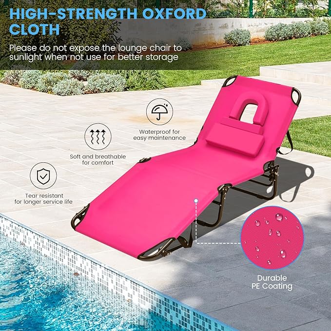 GYMAX Tanning Chair, 330lbs Beach Lounge Chair with Face Hole, Detachable Washable Pillow & Carry Strap, Adjustable Folding Chaise Lounge, Layout Chair for Outside, Patio, Poolside, Lawn (2, Pink)