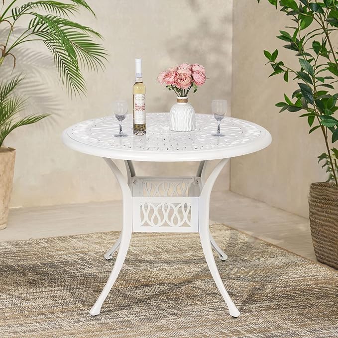VIVIJASON 35.4" Outdoor Patio Dining Round Table White Cast Aluminum Rustic Large Patio Table with Umbrella Hole