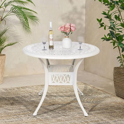 VIVIJASON 35.4" Outdoor Patio Dining Round Table White Cast Aluminum Rustic Large Patio Table with Umbrella Hole
