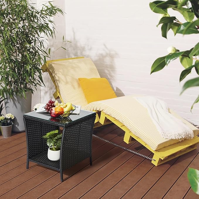 Outvita Outdoor Side Table, Rattan Coffee Table Small End Table with Glass Top Storage for Patio Porch Backyard Balcony