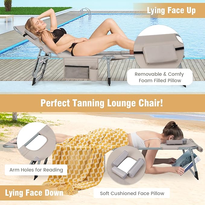 GYMAX Tanning Chair, 330LBS Beach Lounge Chair with Face Arm Hole & Hand Shoulder Strap, Folding Layout Sunbathing Chair, Face Down Outdoor Chaise Lounger for Patio, Poolside, Lawn, Backyard (2, Sand)