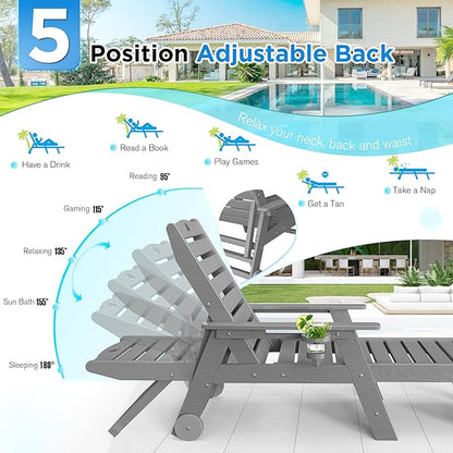 nalone Chaise Lounge Set of 2 Outdoor with 5-Position Adjustable Backrest, HDPE Lounge Chair for Outside Supports Up to 400 LBS, Pool Lounge Chairs for Patio Poolside Deck Beach Backyard (Grey)