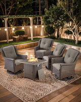 Outdoor Patio Swivel Gliders with Fire Pit Table 5 Piece Set - High Back Brown Wicker Rattan Rocking Chair with Thick - Photo 6