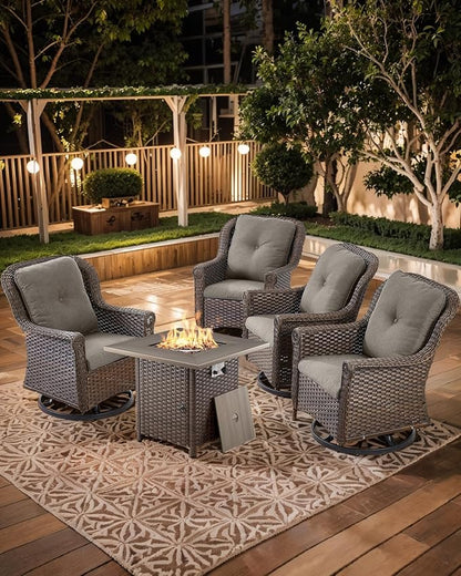 Outdoor Patio Swivel Gliders with Fire Pit Table 5 Piece Set - High Back Brown Wicker Rattan Rocking Chair with Thick Cushion for Porch Apartment Deck Yard Poolside Garden - Grey