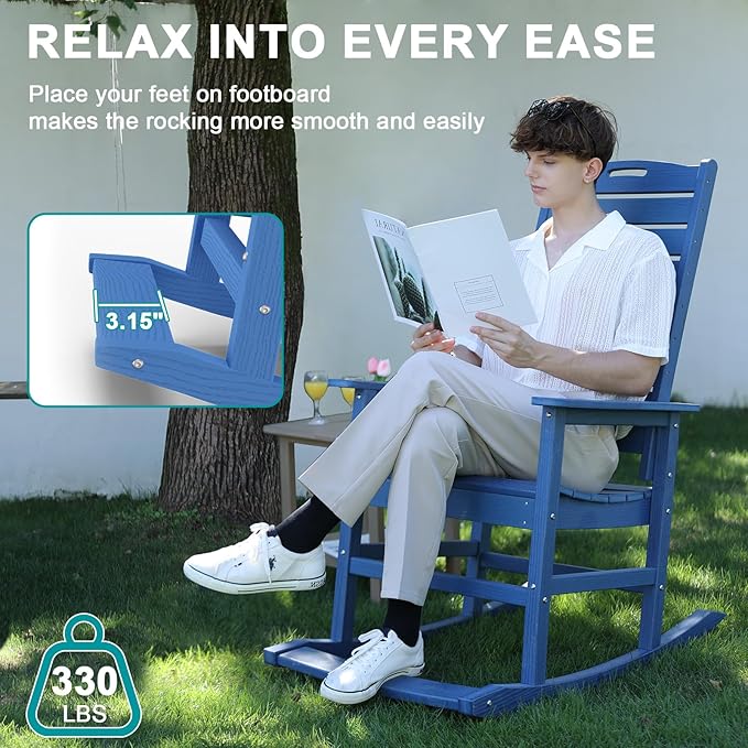 PLUUV Outdoor Rocking Chair Set of 2 with Removable Footboard for Adults, HDPE High Back Patio Rocking Chairs, 330lbs All Weather Porch Rocking Chairs for Outdoor & Indoor -Navy Blue