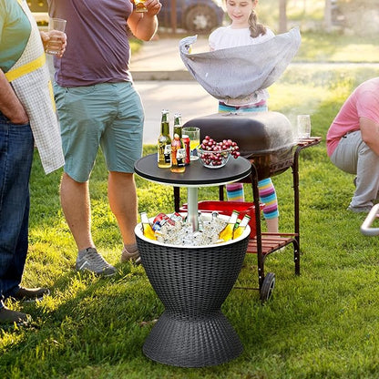 Giantex Outdoor Ice Cooler Side Table with Adjustable Height, 8 Gal Beverage Bucket with Drain Plug, Rattan Patio Bar Table for Poolside, Deck, BBQ & Backyard Parties