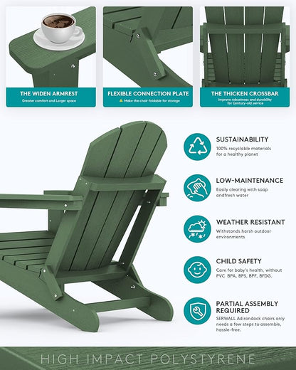 SERWALL Adirondack Chair Set of 4, Weather Resistant HIPS Patio Chairs with Cup Holder for Patio Garden Outdoors Fire Pit- Army