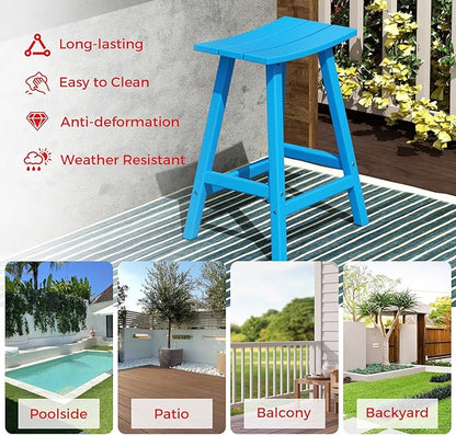 Costaelm All-Weather Bar Stools Set of 3, 24" Height Outdoor Bar Stools, Adirondack Poly Patio Bar Stool for Patio, Deck, Kitchen Counter and Garden, Pacific Blue