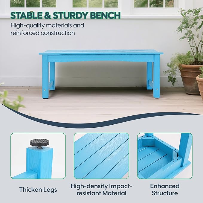 Weatherproof HIPS Outdoor Bench, 2-Person Patio Dining Bench, All-Weather Poly Lumber Garden Bench, Never Rot or Fade, Park Bench with Wood Grains for Porch, Deck, Entryway, Blue, 2 Pack