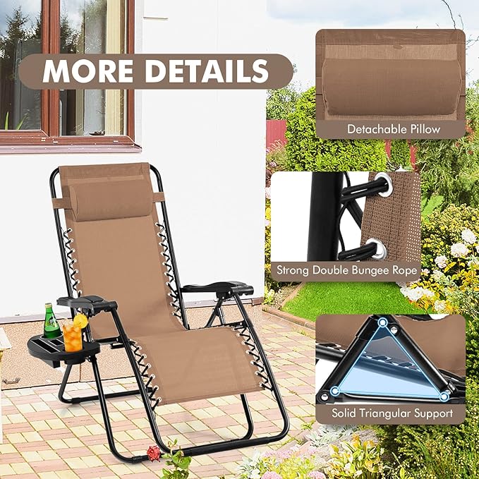 Giantex 2 PCS Zero Gravity Chair Patio Chaise Lounge Chairs Outdoor Yard Pool Recliner Folding Lounge Chair with Cup - Photo 5