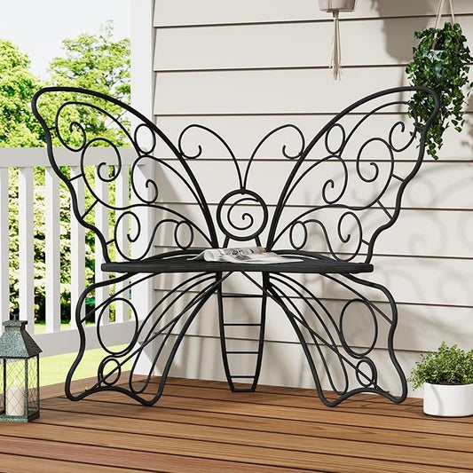 49 Inch Outdoor Bench, Black Garden Bench with Metal Frame, Weatherproof Butterfly Front Porch Benches for Lawn, Garden, Yard, Balcony