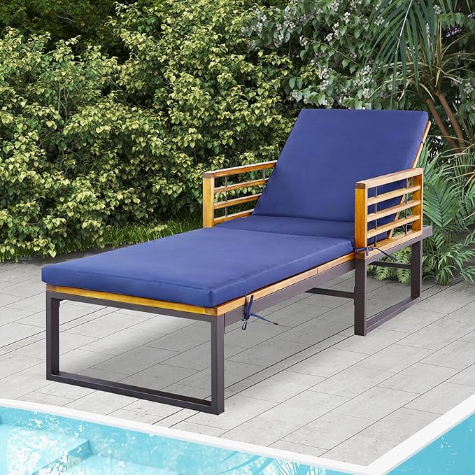 Tangkula Acacia Wood Patio Lounge Chair, Heavy Duty Outdoor Chaise Recliner with with 4 Level Adjustable Backrest, Foam-Padded Cushion, 800 lbs Weight Capacity, for Poolside, Garden, Deck (1, Navy)