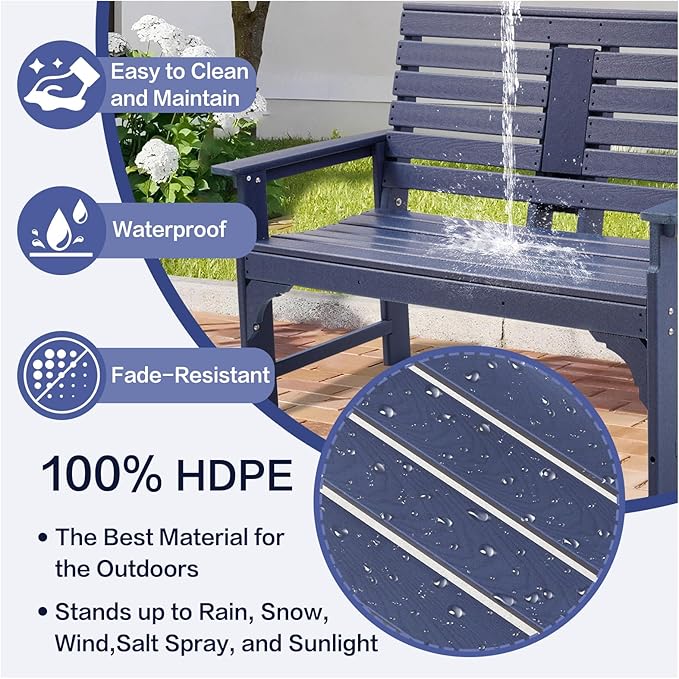 HDPE Outdoor Bench with Cup Holders, All Weather Garden Bench Suitable for 2-3 Person, Patio Benches Furniture with High Backrest and Wide Armrests for Front Porch, Garden, Backyard and Park, Blue