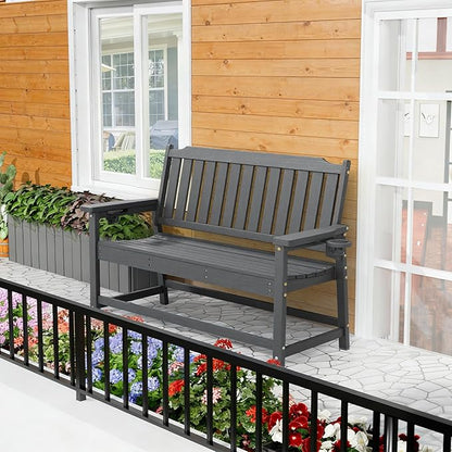Outdoor Bench with Cup Holder All-Weather HDPE Fade Resistant Garden Bench 660 lbs Bearing 2-Seat Front Porch Furniture for Patio, Backyard,Park (Grey)