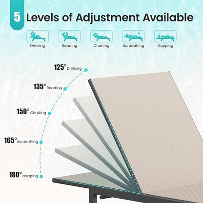 Amopatio 3 Piece Patio Lounge Chair Set, Adjustable Heavy-Duty Chaise Lounge for Outdoor, Weather Resistant Pool Lounge Furniture Set with Table for Backyard Beach, 400 LBS Capacity(Khaki)